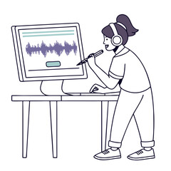 Young woman wearing headphones records audio using a microphone and computer software