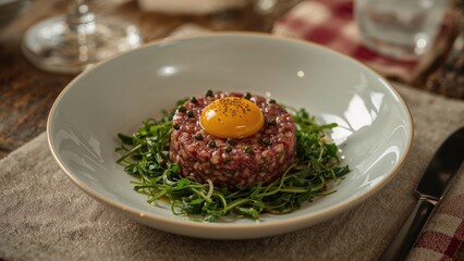 Raw egg yolk topped beef tartare dish from French cooking