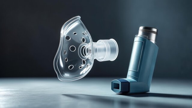Essential Respiratory Aid: Floating Nebulizer Mask and Blue Asthma Inhaler on a Dark Background