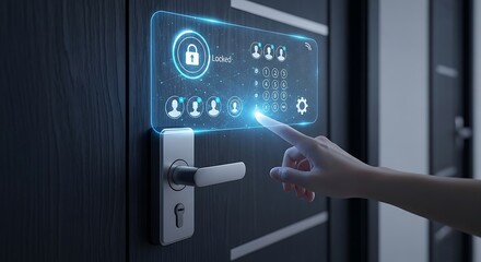 Person using futuristic digital smart lock interface on a modern door
