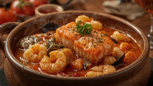 Close-up of a hearty seafood stew featuring salmon fillet and shrimp, bursting with rich flavors for a tasty meal.