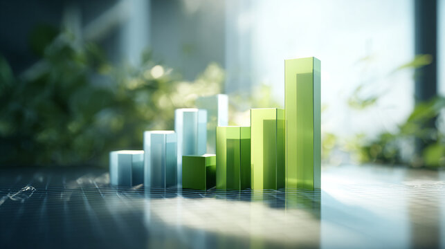 Close-up of hand touching rising 3D bar chart symbolizing business growth, data analysis, and financial success in a bright modern office - Powered by Adobe