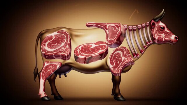 Artistic abstract visualization of premium beef cuts artistically presented around a stylized cow silhouette