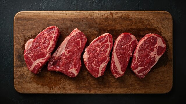 Raw flat iron beef steaks presented on a butcher's wooden board with a dark setting