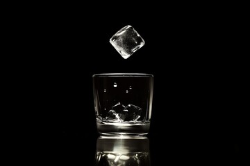 Ice Cube Falling into Glass of Water on Black Background