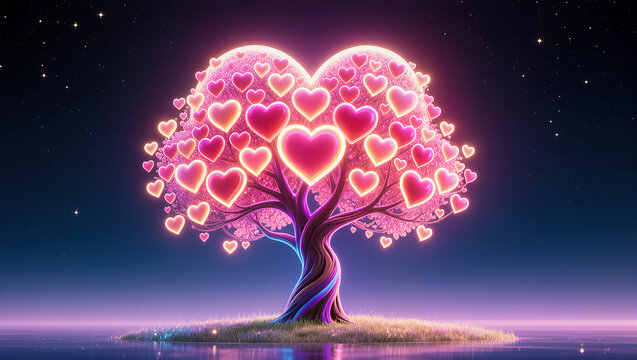 Heart-shaped tree glowing under a starry sky at evening twilight - Powered by Adobe