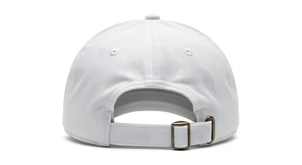 Fototapeta premium Back view of a plain white baseball cap with an adjustable strap on a white background. Isolated background hat, baseball cap, baseball hat, hat, Front, back and angle view of adult man caps mockup.