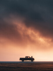 Dramatic silhouette of a pickup truck parked on a lonely road at sunset. A lone figure stands near the vehicle. Evokes feelings of freedom, travel, and adventure. Perfect for travel blogs or ads.