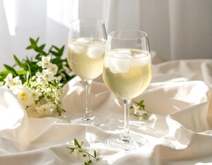 Two glasses of chilled light drink, adorned with flowers
