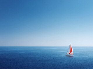 Serene seascape featuring a sailboat with red sails on calm, deep blue water under a clear blue sky. Represents freedom, adventure, and peaceful travel.