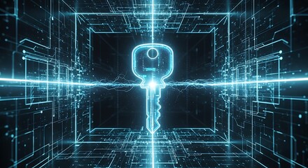 Glowing blue digital key in futuristic circuit board tunnel