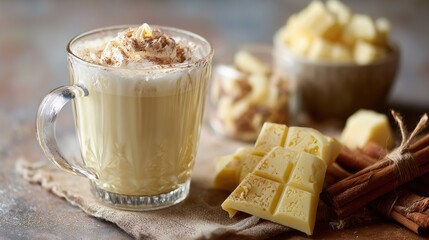 Elegant photo of glass of hot white chocolate.
