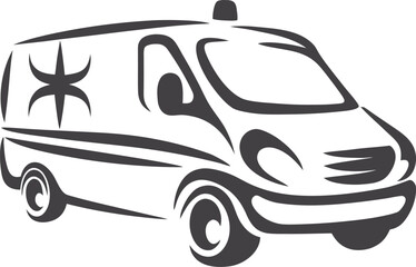 Ambulance vector icon illustration, simple black and white line art, minimalist emergency vehicle symbol, clean medical transport design for healthcare, rescue, and urgent care projects