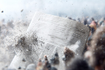 Dramatic image of a newspaper disintegrating, conveying ideas of censorship, fading news, or information decay. Evokes feelings of loss, impermanence, and transformation.