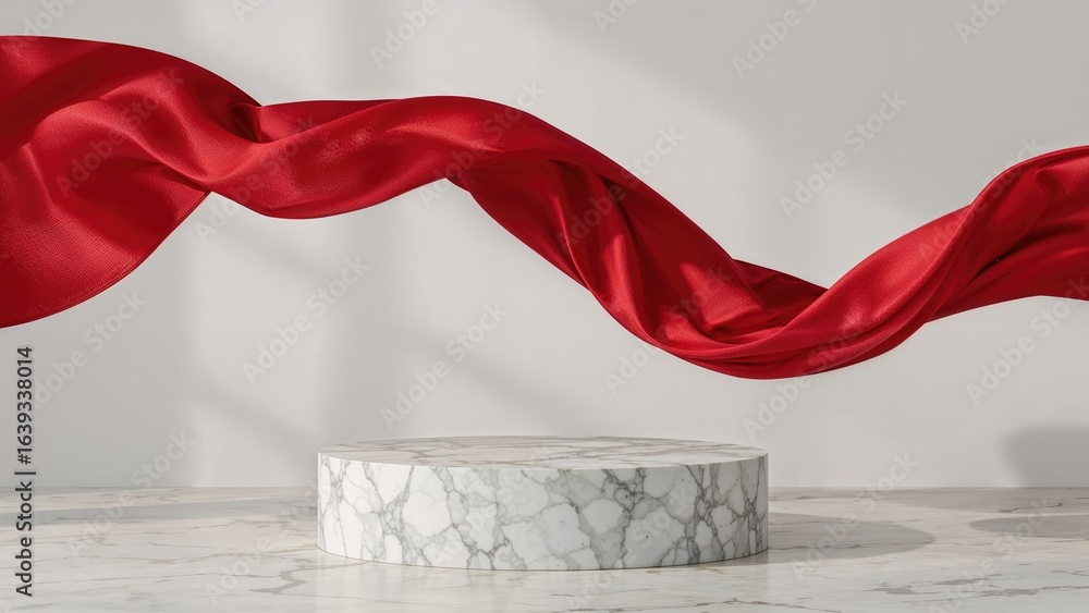 Poster high-end product showcase setup featuring a stone block stand on a marble surface with flowing red f