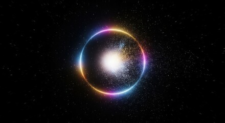 Colorful Neon Circular Light with Sparkling Particles in Space Setting