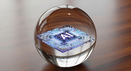 Crystal orb reflecting glowing ai logo with circuit board pattern