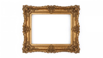 Old-fashioned luxurious gold picture frame displayed on a white background. Concept of vintage elegance.
