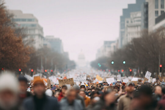 A vast crowd marches towards a government building, holding signs in protest. Demonstrates activism, social change, and collective action. Great for news or political content.