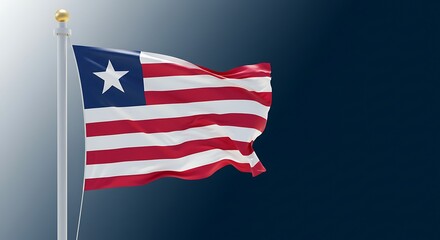 Fototapeta premium The national flag of Liberia waving on a flagpole against a blue gradient background. A symbol of Liberian pride and freedom.