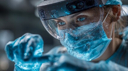 Focused surgeon meticulously performing advanced medical procedure with augmented reality headset
