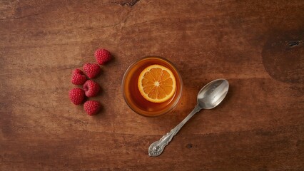 Fototapeta premium A Glass Containing Orange Tea Placed on Wood, Surrounded by Raspberries and a Spoon