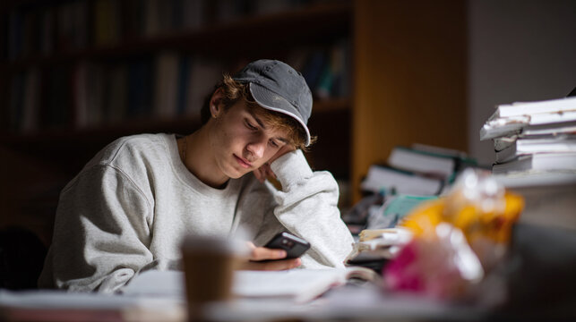 A young adult studies late, using a phone amidst a pile of books. Concept of education, procrastination, technology distraction. Suitable for articles, blogs.