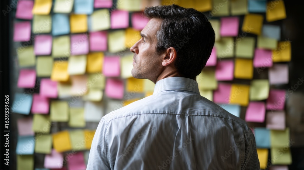 Aufkleber office professional faces a wall filled with colorful sticky notes while engaging in thoughtful brai