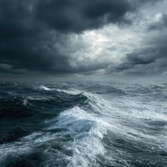 Stormy ocean waves under dark clouds, dramatic seascape, background for travel