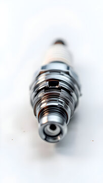 A close up shot of a spark plug with a white background showing intricate metal and ceramic details