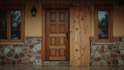 House entrance sealed with a chained wooden board to block rainwater