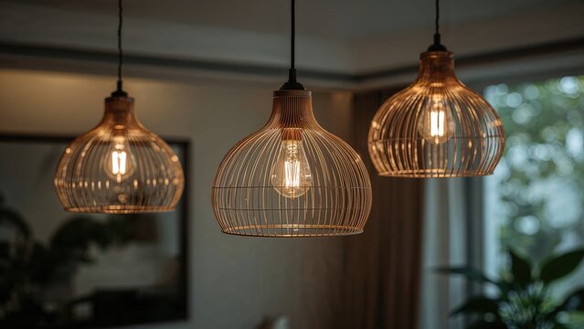 Set of three trendy wire lampshades glowing with LED illumination in a modern interior. Wire ceiling light fixtures. Art nouveau style home aesthetics. Focused shot