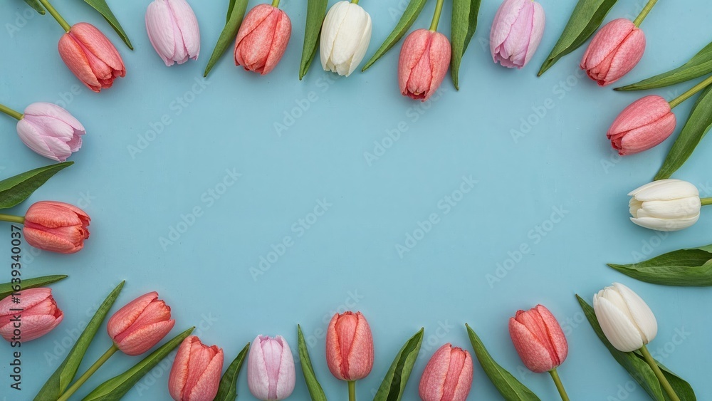Poster festive springtime setting with assorted colorful eggs and tulip flowers displayed on a blue backgro
