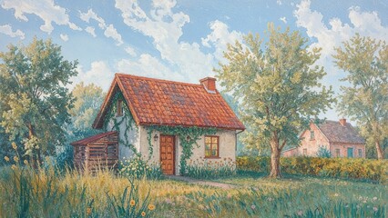 Obraz premium Painting of a countryside house using oil pastels