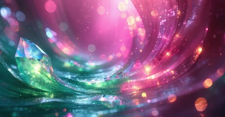 Obraz premium Vibrant energy flows around crystal formation. Pink, turquoise hues blend with sparkling light effects. Abstract, dynamic composition.