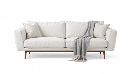 Elegant and snug white lounge sofa with pillows and a cover, displayed on a neutral background. Interior furniture item. Design feature.