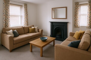 Fototapeta premium Comfortable Living Room with Two Sofas, Coffee Table, and Fireplace Featuring a Modern Design and Cozy Ambiance