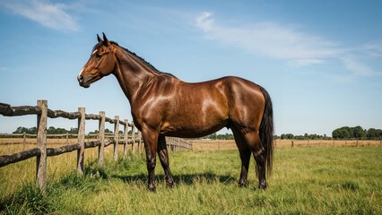 Obraz premium Equine Posed by Rustic Wooden Fence in a Pasture Setting. High Resolution Image