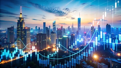 Futuristic cityscape skyline with glowing financial data charts and graphs overlayed, representing economic growth and technological advancement in a modern metropolis at dusk