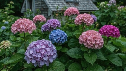 Fototapeta premium Vibrant hydrangea blossoms in pink, purple, and blue flourish amidst verdant foliage near a charming wooden cottage with gray roofing.