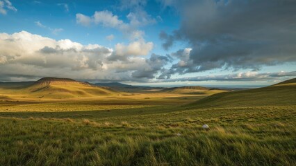 Fototapeta premium Expansive Moorland Landscape with Sunlit Grass and Electricity Poles