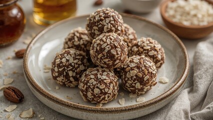 Sugar-free natural energy balls combining dried oatmeal, honey, nuts, and dried fruits, rolled in coconut flakes, a nutritious treat for active individuals.