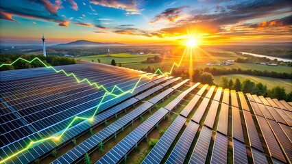 Solar panel field at sunset with a growth chart overlay, representing renewable energy investment and economic growth in a rural landscape