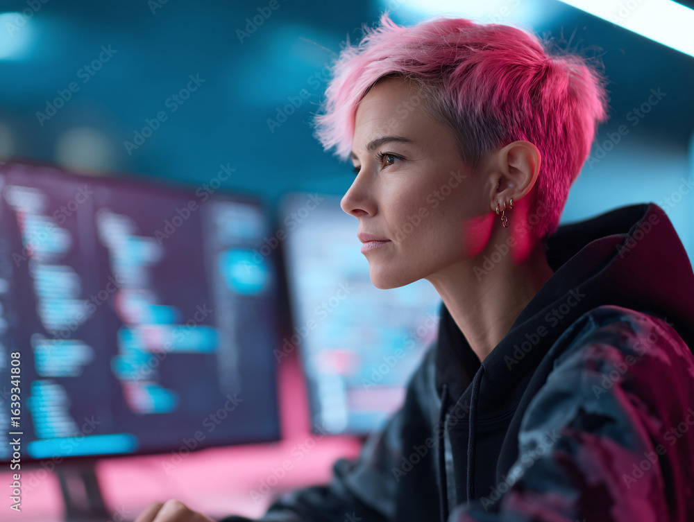 Poster focused woman working on complex coding. a modern, techsavvy individual, immersed in data analysis. 