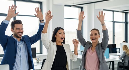 Celebrating Success with Joyful Team in Modern Office Environment