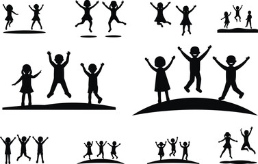 A collection of diverse children in a joyful silhouette, celebrating with raised arms