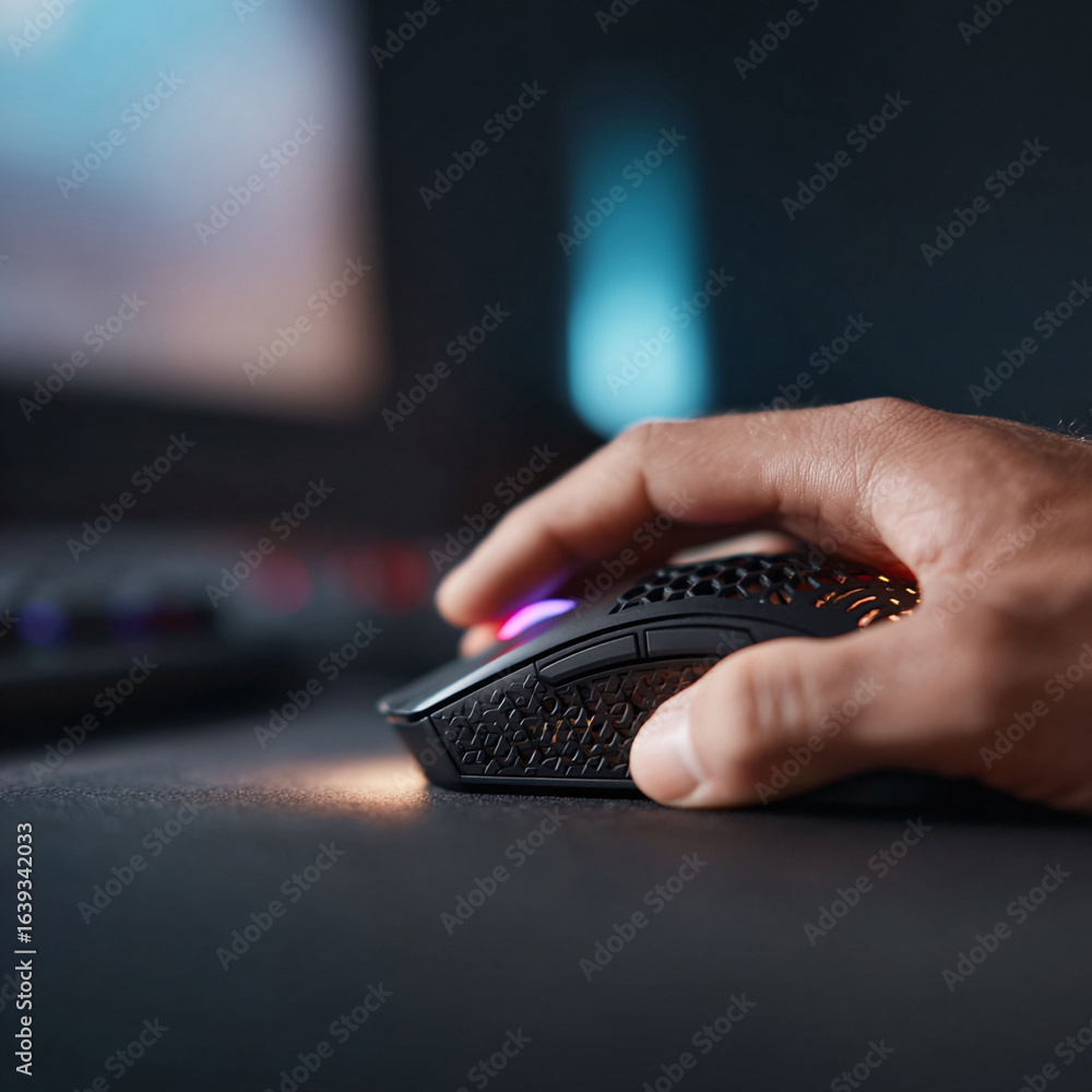 Poster a hand operating a computer mouse on a pad near a computer. represents focus, precision, digital wor