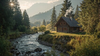 Fototapeta premium Charming wooden house beside a flowing river amidst mountainous woodland