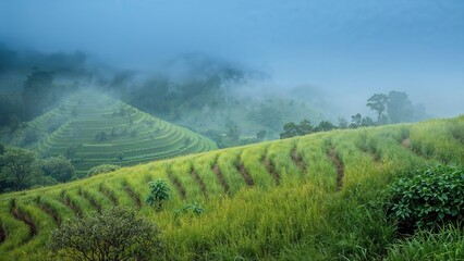 Naklejka premium Stunning Layered Farmlands Wrapped in Fog