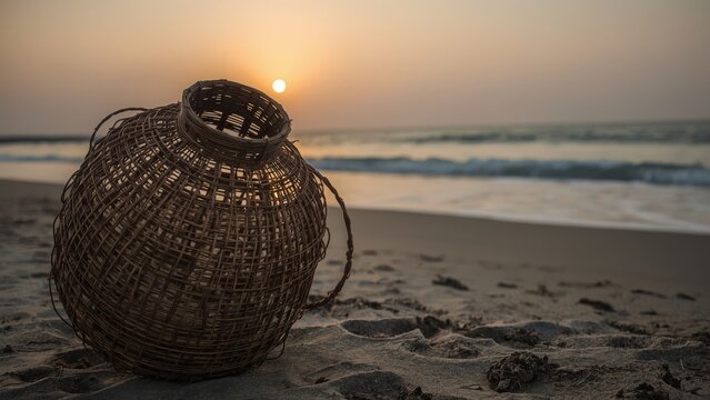 Weathered bamboo basket resting on sandy shores with sunset lighting, highlighting abstract patterns and natural environment